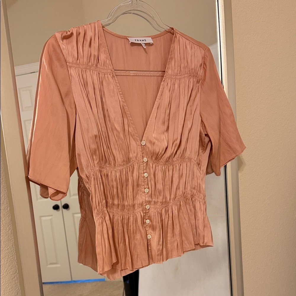 Frame Denim Dusty Peach Button-Front V-Neck Peplum Blouse